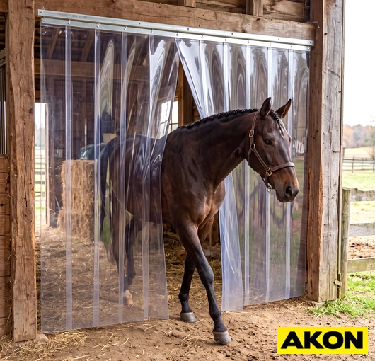 Vinyl strip curtain installed at a horse stable doorway to control airflow and allow easy animal passage.