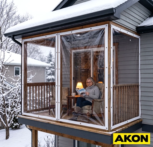 Clear PVC side panels enclosing a winter porch to block wind and cold while maintaining visibility.