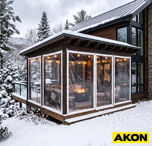 Clear PVC side panels installed on a winter porch enclosure to block wind and weather while maintaining visibility.