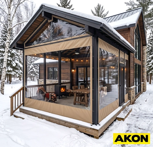 Clear PVC side panels enclosing a winter porch to block wind and cold while maintaining visibility.
