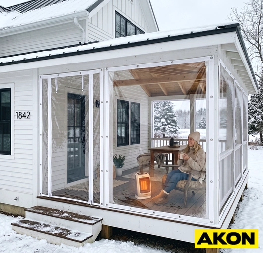 Clear PVC side panels installed on a winter porch enclosure to block wind and cold while maintaining visibility.