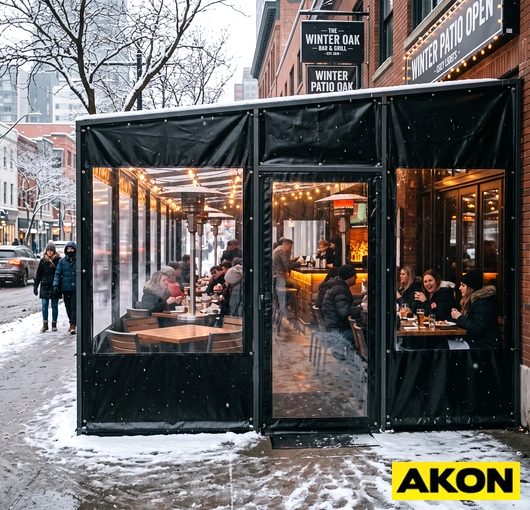 Clear PVC side panels enclosing a winter porch to block wind and cold while maintaining visibility.
