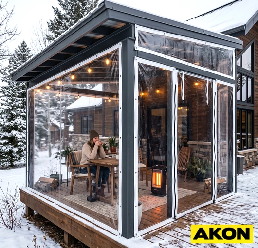 Clear vinyl awning side panels installed on an outdoor structure to block wind and weather while maintaining visibility.