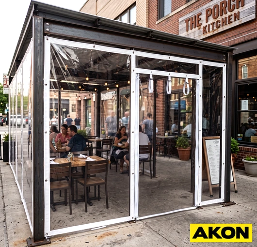 Clear vinyl awning side panels installed on an outdoor structure, providing weather protection while maintaining visibility.