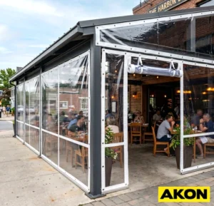 Clear vinyl awning side panels installed on an outdoor structure, blocking wind and weather while maintaining visibility.