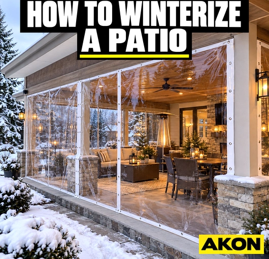 A patio enclosed with clear vinyl curtains to block wind and cold during winter months.