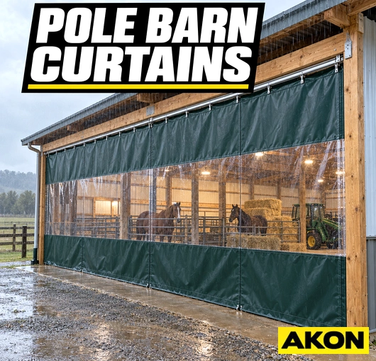 Heavy-duty pole barn curtains installed in an agricultural or commercial building for indoor and outdoor use.