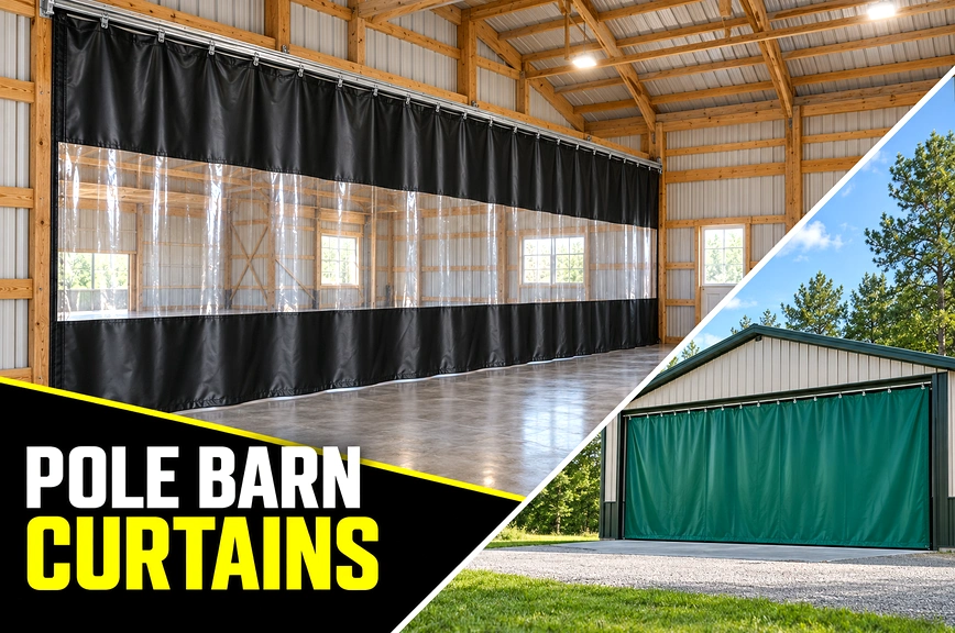 Heavy-duty curtains installed inside a pole barn to divide the interior space and control temperature.