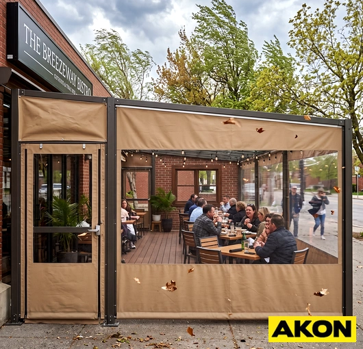 Clear vinyl tarp panels installed on an outdoor structure to block wind while maintaining visibility.