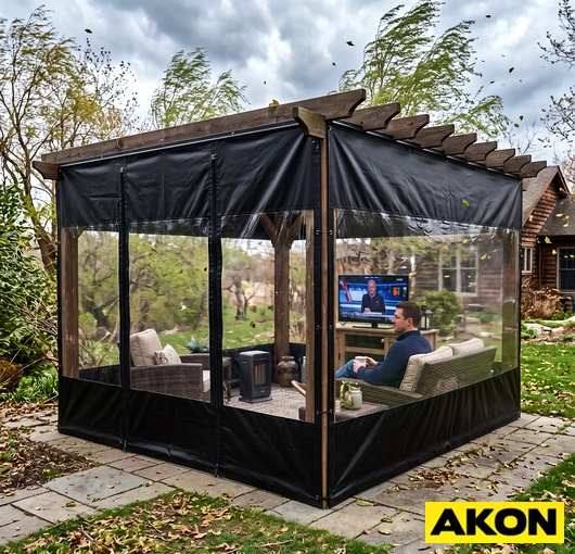 Clear tarp panels installed as a wind barrier on an outdoor or semi-enclosed structure to block wind and weather.