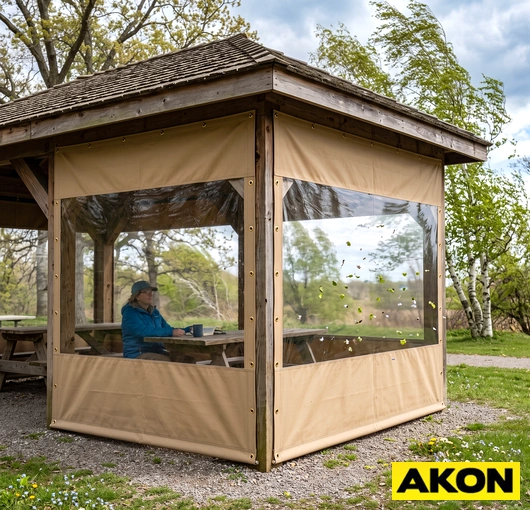 Clear vinyl tarp panels mounted on an outdoor structure to block wind while maintaining visibility through the barrier.