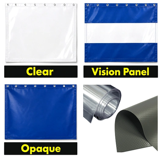 A selection of available color options for industrial tarp panels supplied by AKON Curtains.