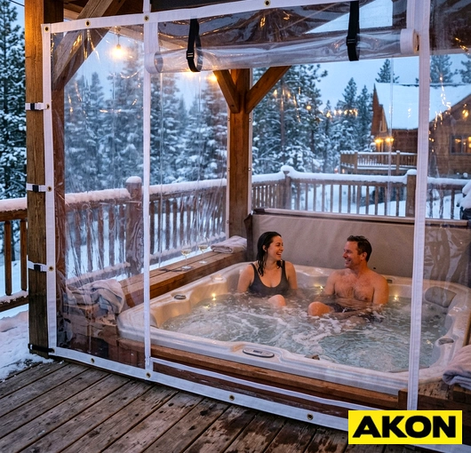 A hot tub enclosed with a clear vinyl tarp on a lakeside deck during winter, blocking wind and cold.