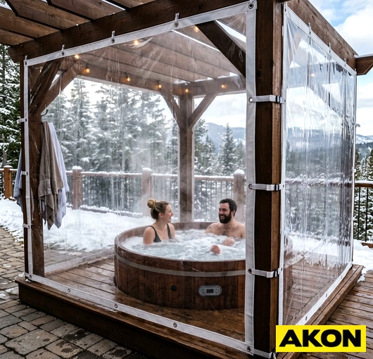 Clear vinyl tarp enclosing an outdoor hot tub on a deck with a mountain view in winter conditions.