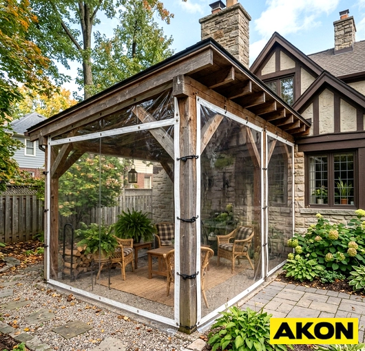 Clear vinyl tarp panels enclosing a lean-to gazebo attached to a stone house during fall.