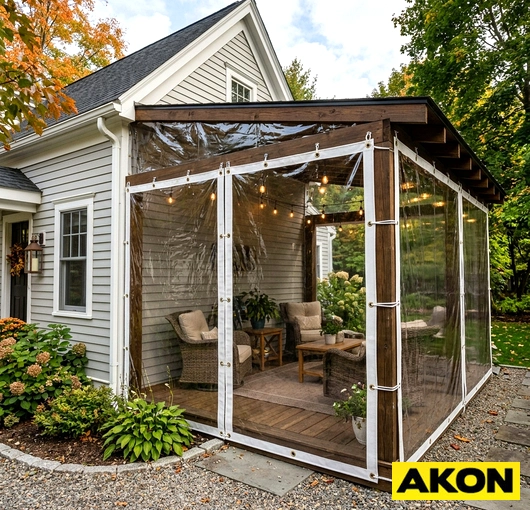 Clear vinyl tarp enclosing a wicker-furnished lean-to patio during fall, blocking wind and cold while maintaining visibility.