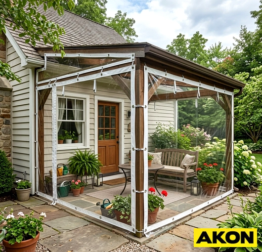 Clear vinyl tarp panels enclosing a lean-to structure to create a protected outdoor summer patio space.