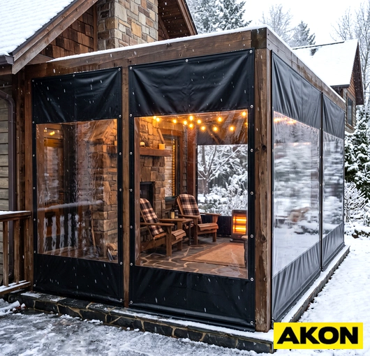 Clear vinyl tarp enclosing a stone patio with a hearth fireplace during winter, keeping the space sheltered and usable.