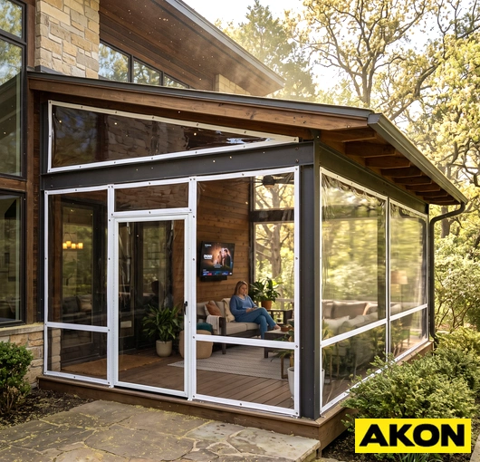 A clear patio curtain with a pollen screen panel installed to block airborne particles while maintaining visibility outdoors.