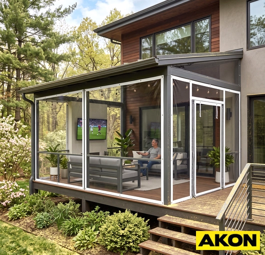 A clear patio curtain with a pollen screen panel installed to block airborne particles while maintaining visibility outdoors.