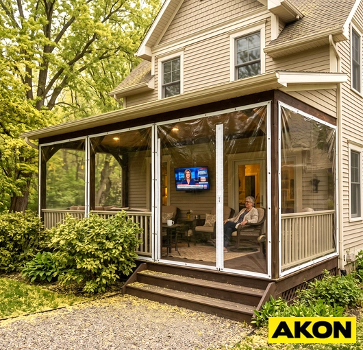 A pollen screen attachment shown with clear vinyl patio curtains to block airborne particles on an outdoor enclosure.