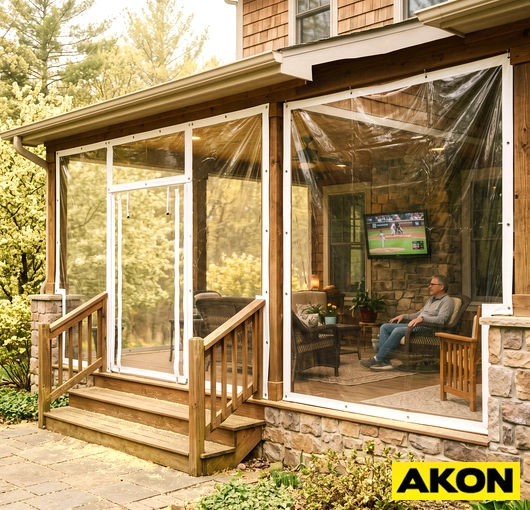 A clear patio curtain with a pollen screen attachment installed on an outdoor covered patio enclosure.