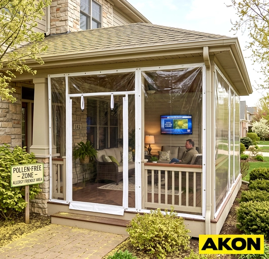 A clear patio curtain fitted with a pollen screen panel to block airborne particles while maintaining visibility outdoors.