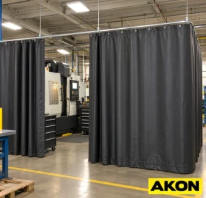 Heavy vinyl soundproofing curtain installed around loud industrial equipment to reduce noise in a facility.