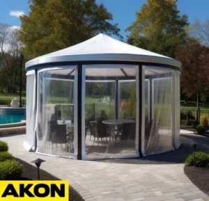 hexigonal pavilion with clear curtains