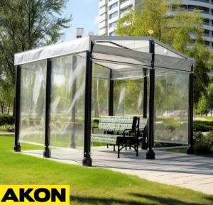 outdoor pavillion with clear side wall panels that are waterproo