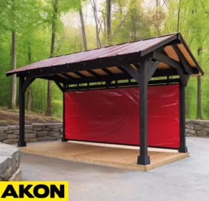 outdoor pavillion with side tarp panel to block wind