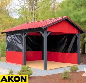 outdoor pavillion with side tarps panel to block wind and sunlight