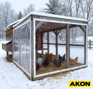A custom tarp cover fitted over a chicken coop structure, providing weather protection for poultry housing.