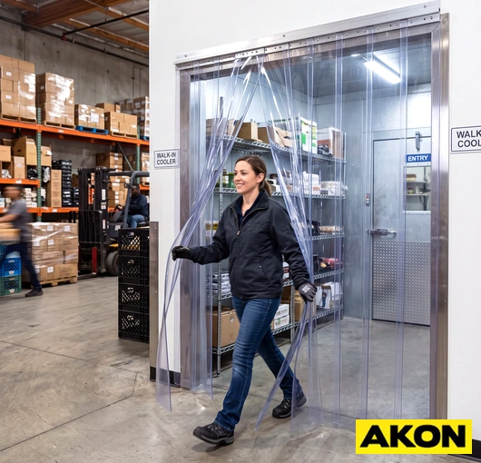 Commercial PVC strip curtains hanging in an industrial doorway to separate work areas and control environmental conditions.