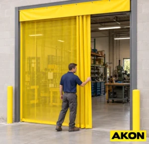 Industrial mesh curtains hanging in a warehouse or factory setting to divide or enclose a work area.