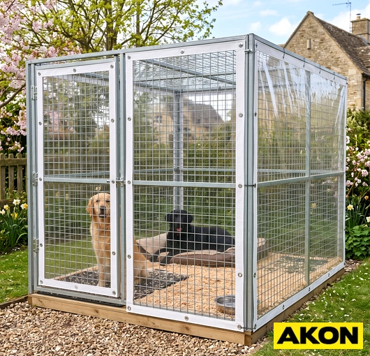 Vinyl side panel covers installed on an outdoor dog kennel to block wind, rain, and debris.