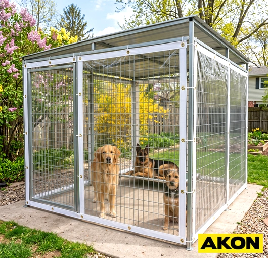 Vinyl side panel covers installed on an outdoor dog kennel, blocking wind and weather on open runs.