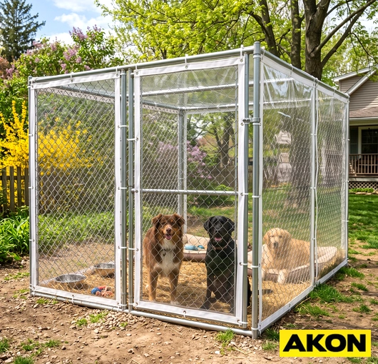 Vinyl side panel covers installed on an outdoor dog kennel, providing weather protection on the sides of the enclosure.