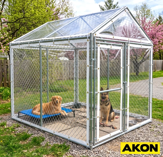 Vinyl side panel covers installed on an outdoor dog kennel, providing weather protection for the enclosure.