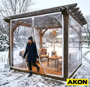 Zippered split tarp sidewalls installed on an open-sided structure, providing adjustable weather enclosure.
