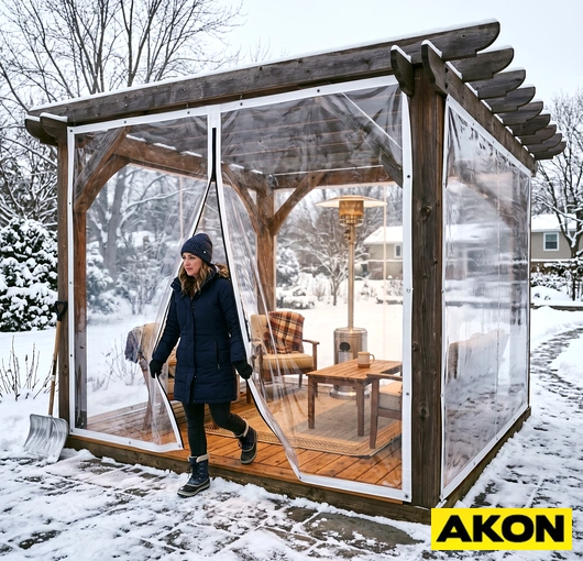 Zippered split tarp sidewalls installed on an open-sided structure, providing adjustable weather enclosure.