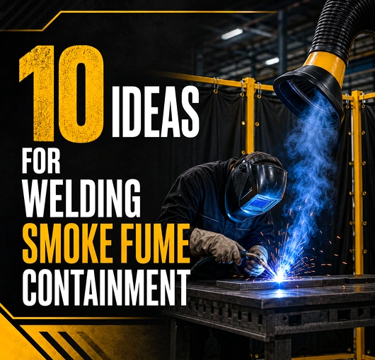 Welding curtain enclosure used to contain and capture smoke and fumes in an industrial welding area.