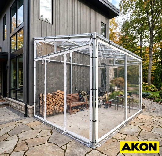 Clear vinyl side panels installed on a lean-to structure to block wind, rain, and snow from entering the open sides.