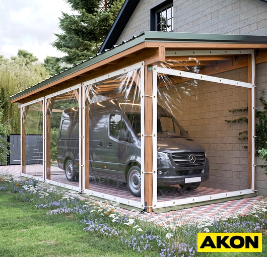 Clear vinyl side panels installed on a lean-to structure to block wind, rain, and snow.