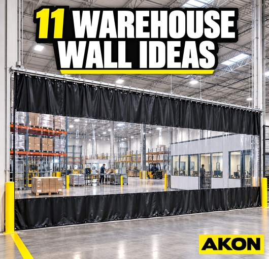 Several warehouse divider curtain configurations shown in an industrial facility to separate work zones.