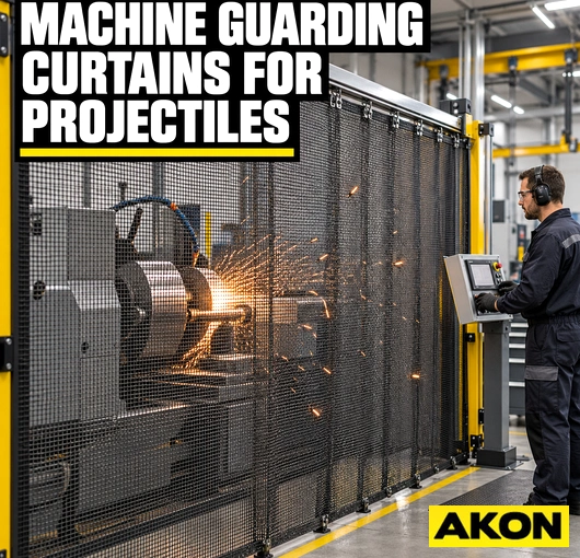 Heavy-duty machine guarding curtains installed around industrial equipment to contain projectiles and debris.