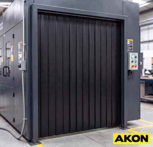 Black PVC strip curtain hanging in front of industrial machinery in a factory setting.