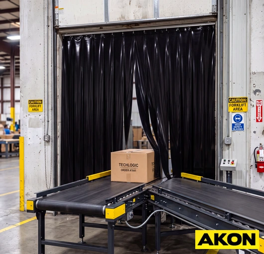 PVC strip curtain installed over an industrial conveyor line to control dust, debris, and temperature between production zones.