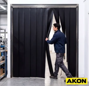 A person walking through a PVC strip curtain doorway in an industrial facility.