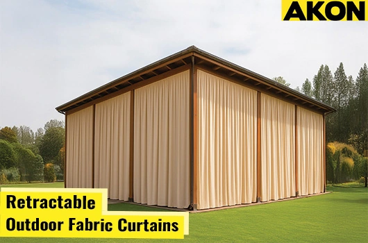 Outdoor fabric retractable curtains for large pavilions, providing shade and privacy by AKON